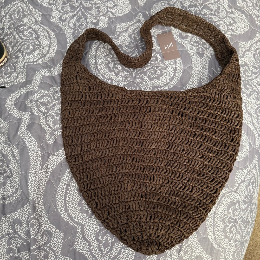 J Jill Boho Raffia Woven Shoulder Bucket Bag 2025 Color BROWN NWT $69. Gift - Picture 2 of 11